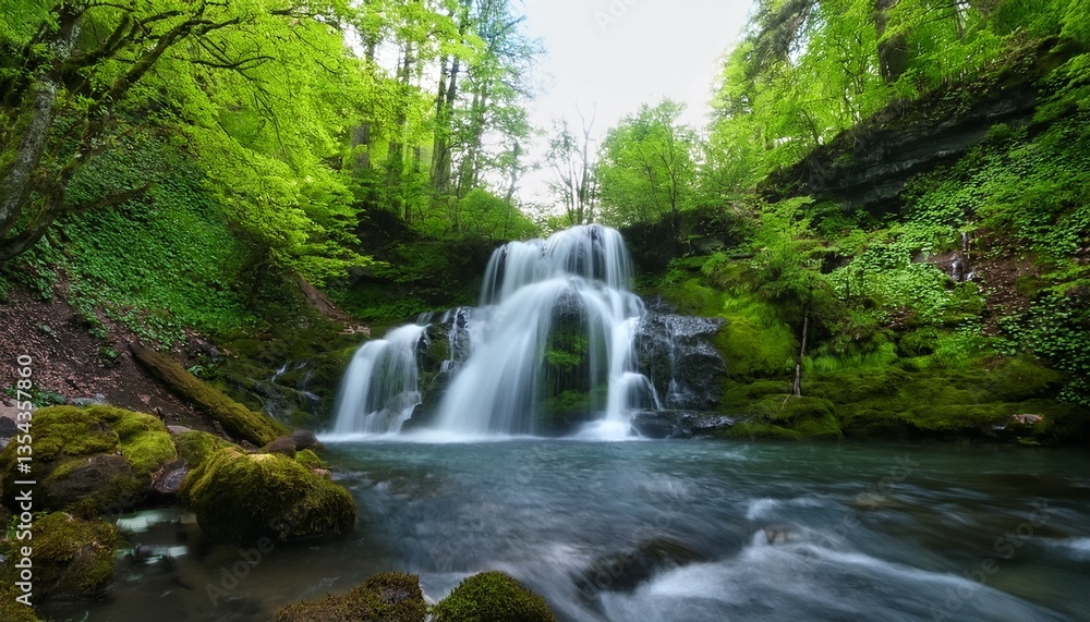 Naklejka premium 鮮やかな春の緑に囲まれた、美しい滝の風景