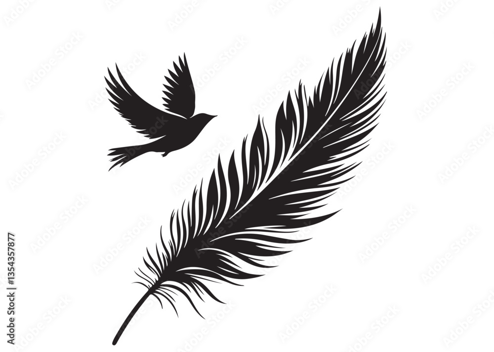 Obraz premium vector silhouette of a feather with flying bird logo, feather with flying bird logo icon, feather with bird logo design black animal, black feather with flying bird silhouettes on white background