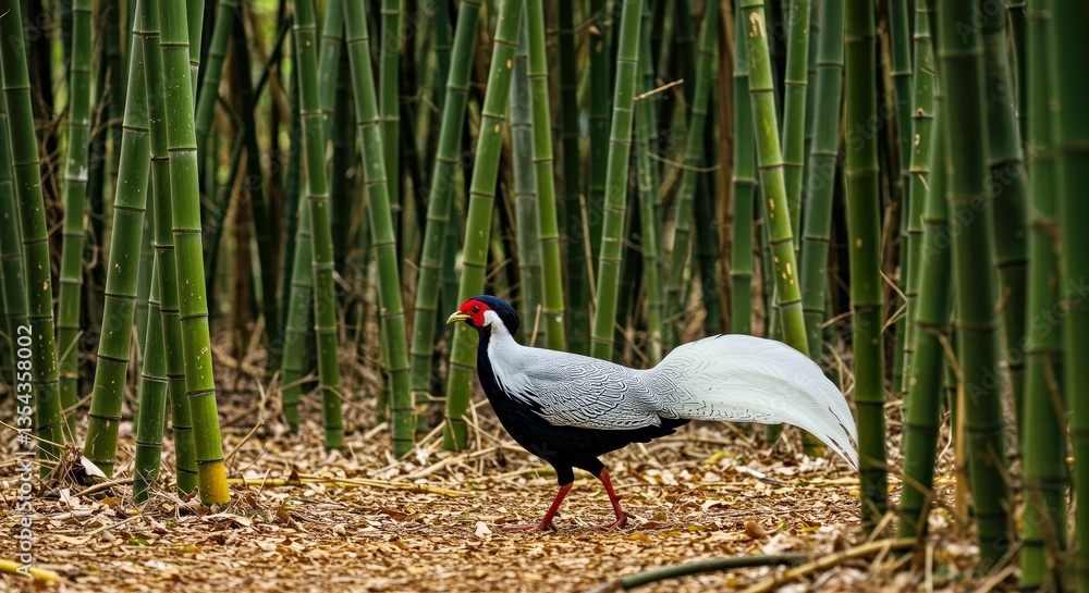 Naklejka premium A Silver Pheasant Walking Gracefully Through a Dense Bamboo Grove-