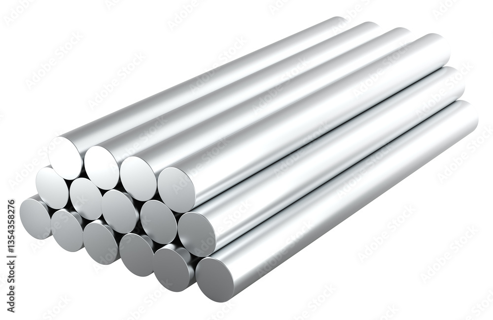 Stainless Steel Round Bars. 3D rendering isolated on transparent background