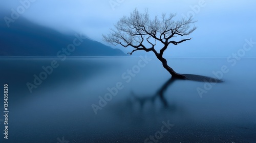 Solitary tree by tranquil lake at dawn.  Serene, minimalist, nature scene.  Calm, reflective waters mirror the bare, ancient tree.  Misty mountain backdrop