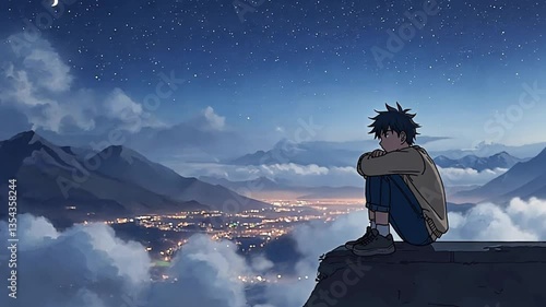 Anime Style Illustration of a Boy Sitting on a Roof Overlooking a City at Night