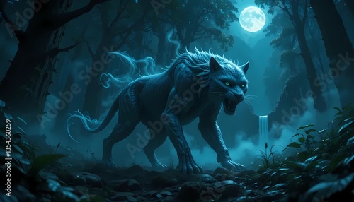 A majestic, otherworldly creature, resembling a large cat or wolf, with a mystical, ethereal glow, strides through a dark, moonlit forest.