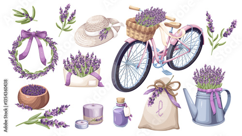 Lavender cartoon flowers and herbal decor set. Funny wreath and hat, bag and watering can, cosmetic oil bottle and bike with purple lavender plants. Provence herbs mascots cartoon vector illustration