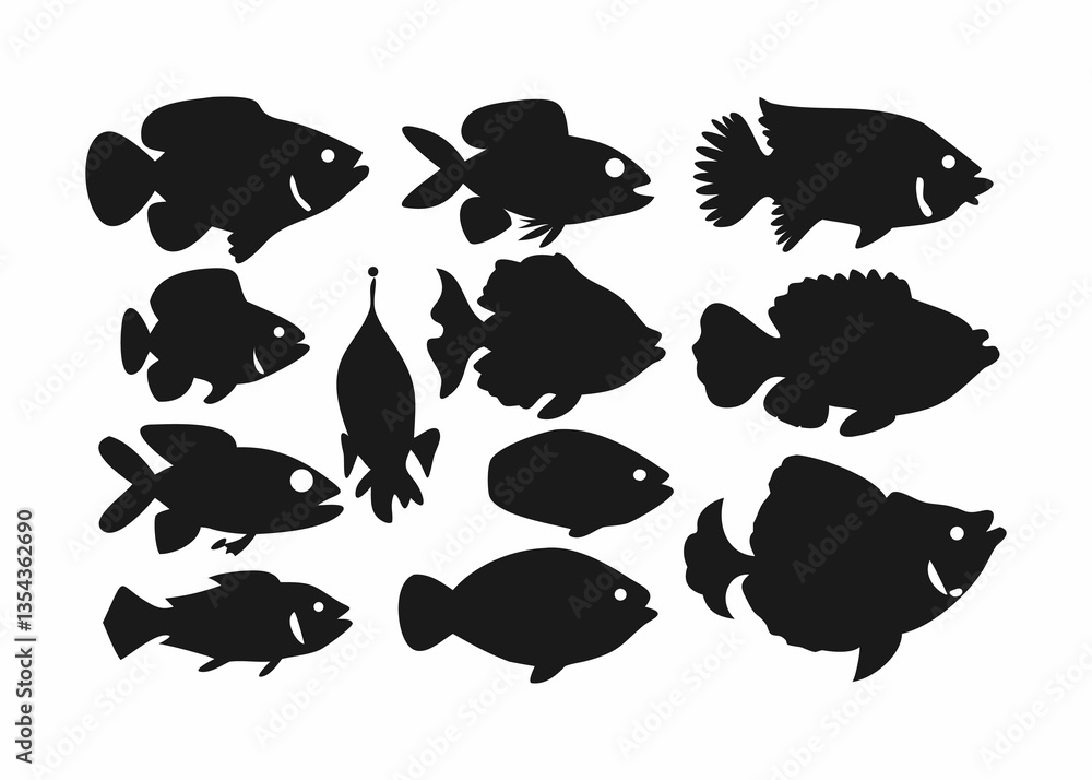 Set of Diverse Fish Silhouettes Against a Clean Background Set of Diverse Fish Silhouettes Against a Clean Background