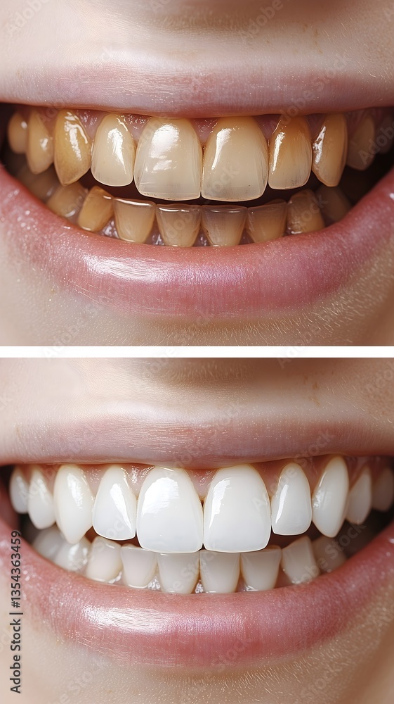 Fototapeta premium Before and after professional teeth whitening transformation showing dental improvement.