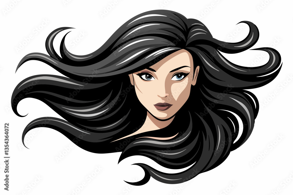 Black Flowing Hair with Wind-Swept Locks, High Contrast, Isolated on White Background. Black Flowing Hair with Wind-Swept Locks, High Contrast, Isolated on White Background.