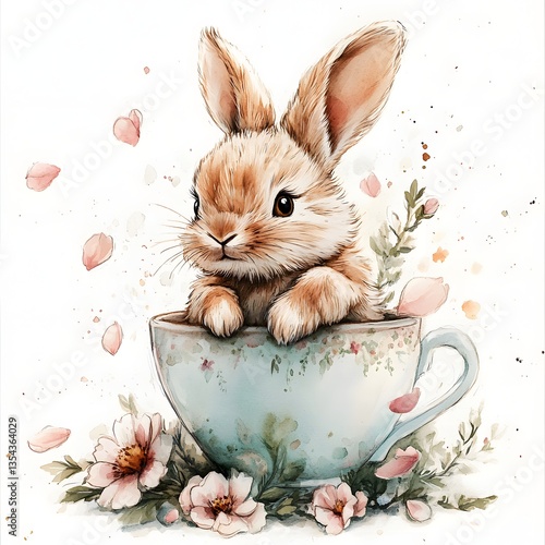 Adorable rabbit nestled in a floral teacup