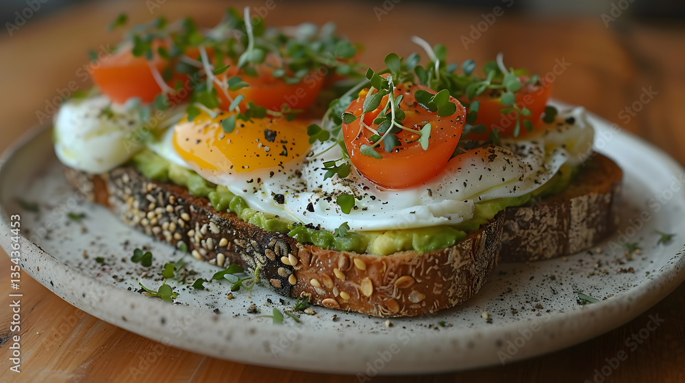 Crispy bread topped with a perfectly fried sunny-side-up egg, fresh vegetables, and herbs for a delicious and healthy breakfast. Crispy bread topped with a perfectly fried sunny-side-up egg, fresh vegetables, and herbs for a delicious and healthy breakfast.