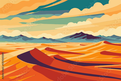 Sand dunes and rolling hills with desert trees a scenic landscape in EPS and vector format. Vibrant Desert Landscape with Dunes and Colorful Sky Design