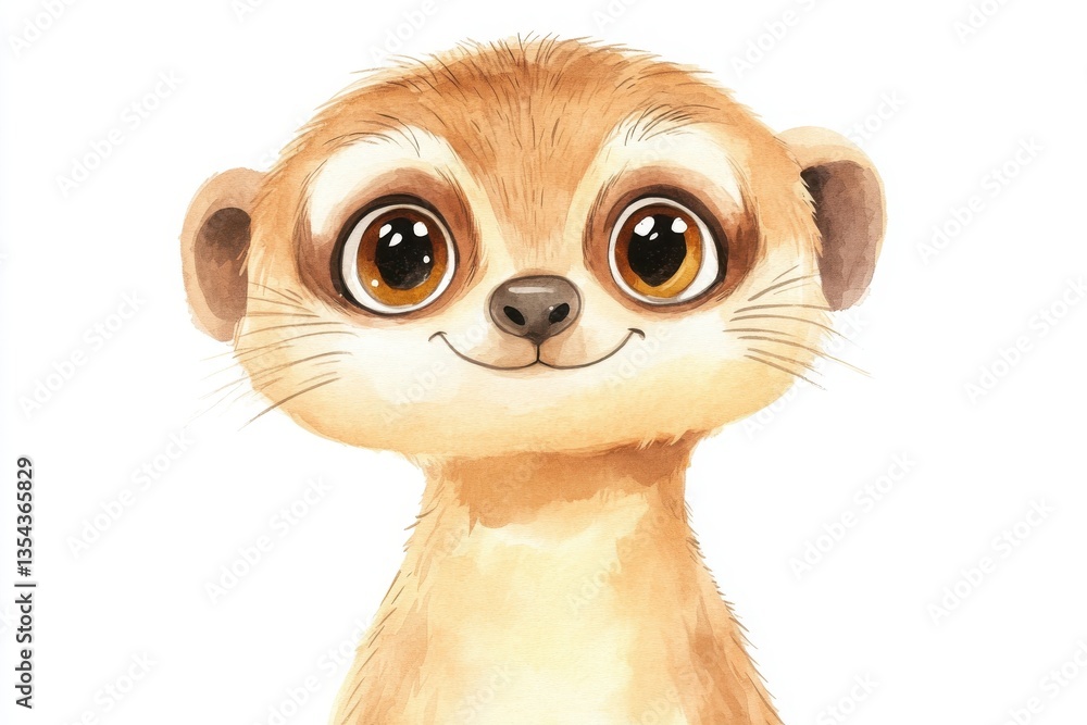 Obraz premium A cute, illustrated meerkat with large, expressive eyes, smiling gently against a plain white background.
