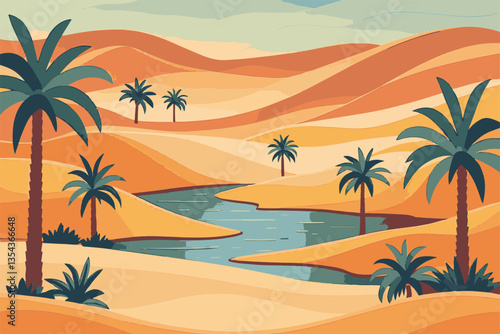 Sand dunes and rolling hills with desert trees a scenic landscape in EPS and vector format. Serene Desert Landscape with Palm Trees and Tranquil Water Body