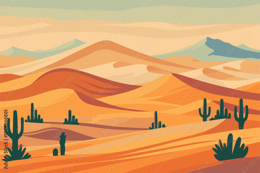 Fototapeta premium Sand dunes and rolling hills with desert trees a scenic landscape in EPS and vector format. Vibrant Desert Landscape with Cacti and Rolling Sand Dunes