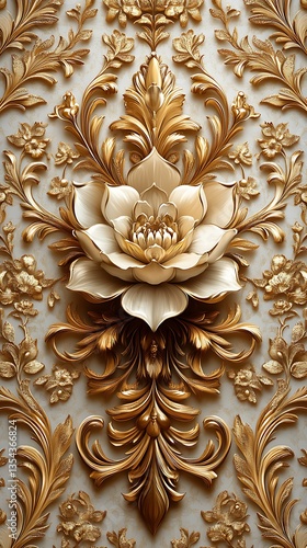 Elegant Golden Wall Relief with Intricate Floral Patterns and Lotus Blossom