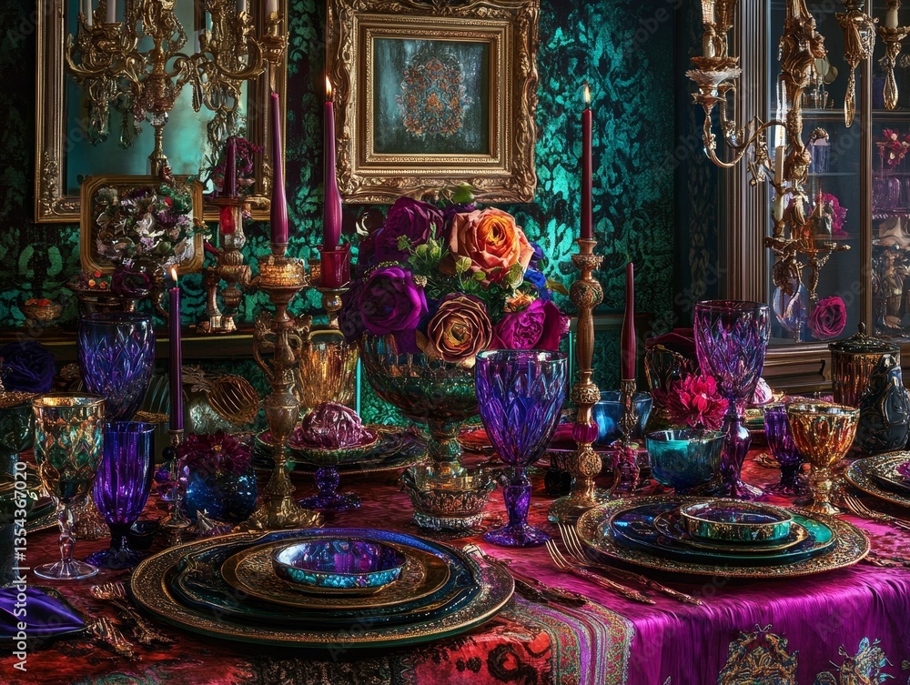 Fototapeta premium Lavish baroque dining scene with vibrant colors.