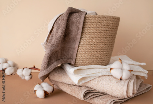 Natural wicker basket with cotton towels, branch and cotton flowers on beige background. Eco-friendly fabric concept, house cleaning, laundry, bathroom hygiene. Natural eco materials