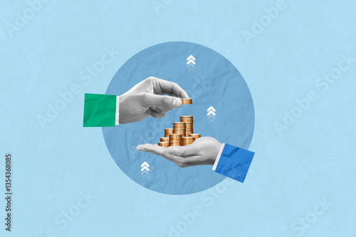 Investment, donate, donation, invest, saving money, profit and savings concept. Creative art collage of hands hold coins and passes it to the other hand indicates business investment