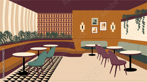 Cafe, restaurant interior in retro mid century modern style with comfortable furniture and green potted plants. Colorful flat vector illustration