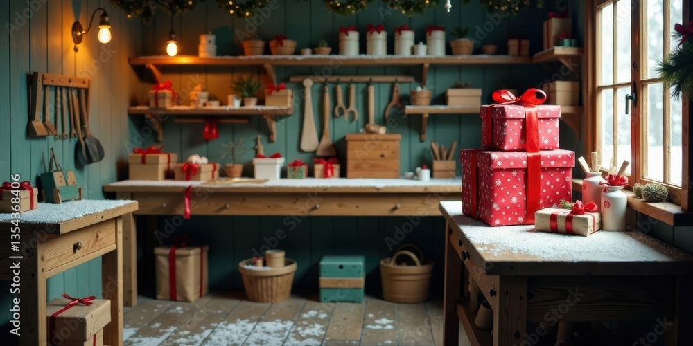Rustic Workshop Filled with Holiday Cheer Snow-Dusted Wooden Tables Displaying Beautifully Wrapped Presents, Festive Decorations, and Tools Await the Celebration Rustic Workshop Filled with Holiday Cheer Snow-Dusted Wooden Tables Displaying Beautifully Wrapped Presents, Festive Decorations, and Tools Await the Celebration