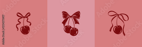 Cherry bow print design. Burgundy trendy girly feminine background. T shirt hand drawn print. Aesthetic coquette minimalist poster. Whimsical handwritting doodle vector illustration