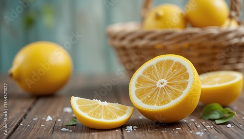 Lemons, Basket of fresh lemons and oranges, Close-up image of basket of juicy lemons isolated on wooden table with blurred background