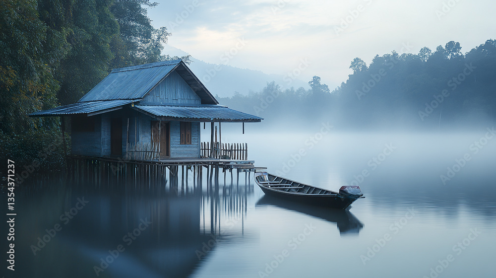 Fototapeta premium serene floating Thai house on misty river with wooden boat