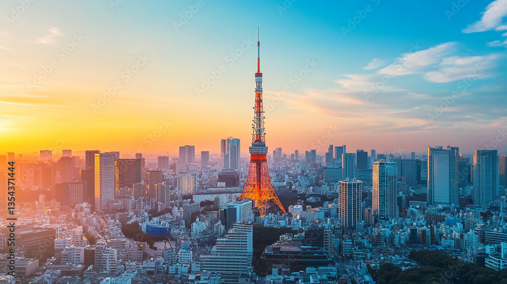 Obraz premium Fiscal Year-End in Japan, Tokyo skyline at sunset featuring iconic tower and cityscape.