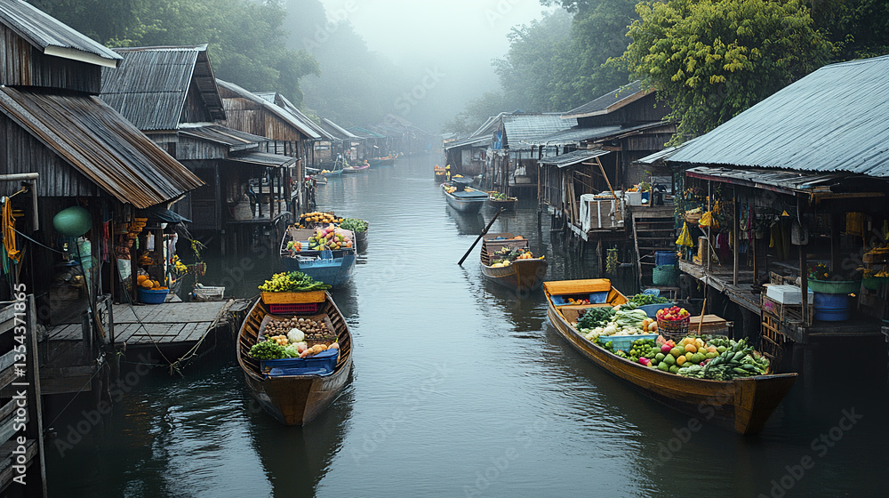 Fototapeta premium Floating market with wooden stilt houses and boats filled with produce
