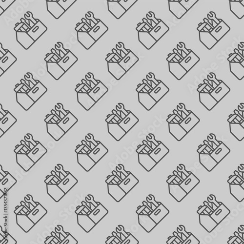 Toolbox with hammer, screwdriver and wrench line seamless pattern, repair service theme. Vector graphics. Repair tools box sign with background, repeat line icon.