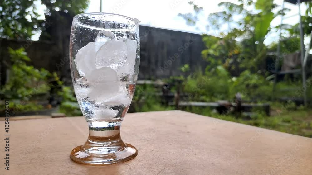 Time Lapse on Glass filled with ice cubes displaying the melting process is on a wooden surface outdoors