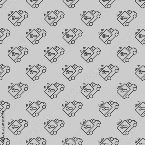 Truck vehicle with siren and wrench line seamless pattern, repair service theme. Vector graphics. Repair man emergency truck sign with background, repeat line icon.
