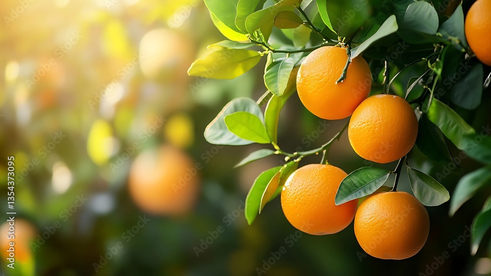 Fresh ripe oranges hanging on tree branch with green leaves in orchard under sunlight, organic fruit harvest scene
Fresh ripe oranges hanging on tree branch with green leaves in orchard under sunlight, organic fruit harvest scene