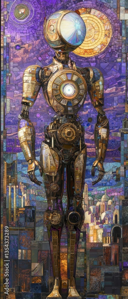 Obraz premium Clockwork robot stands sentinel over a mosaic cityscape background.