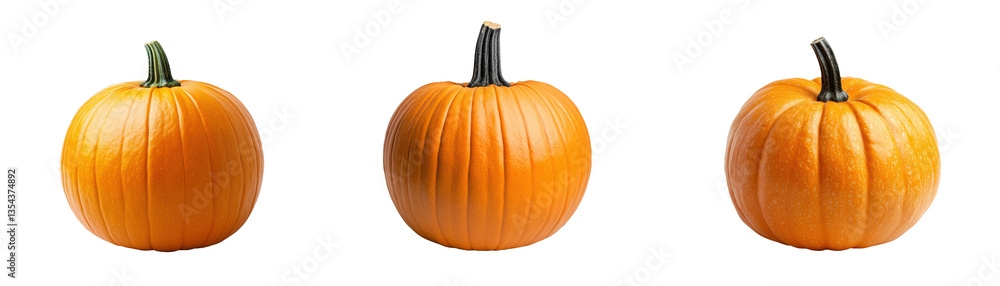 Obraz premium Golden trio: A close-up shot displays three vibrant pumpkins side by side, each one a symbol of harvest and autumn, showcasing their textured surfaces and stems against a simple backdrop.
