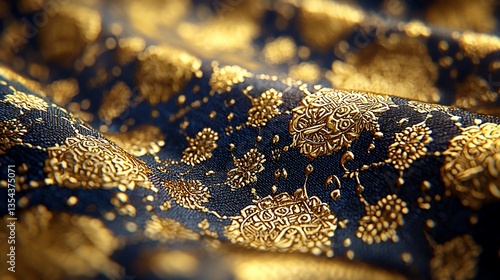 Luxurious dark blue fabric with gold ornate pattern.