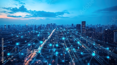 City network at twilight, aerial view, interconnectedness, technology use