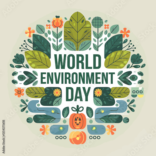 Illustrated World Environment Day design featuring whimsical flowers, foliage and symbolic environmental elements, celebrating ecological awareness and sustainable lifestyle concepts