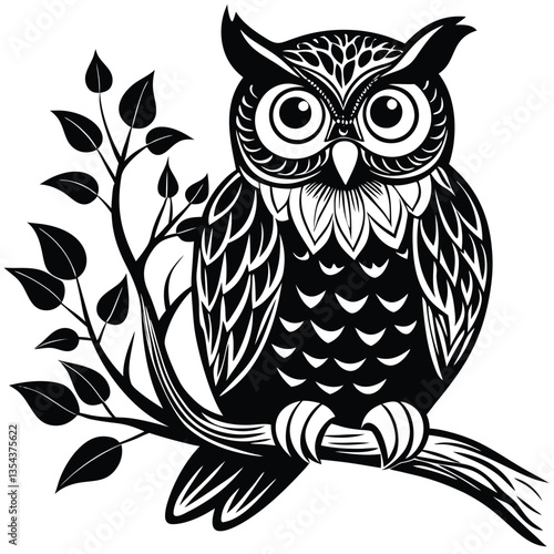 A dark silhouette of an owl perched on a branch against a stark white background at twilight