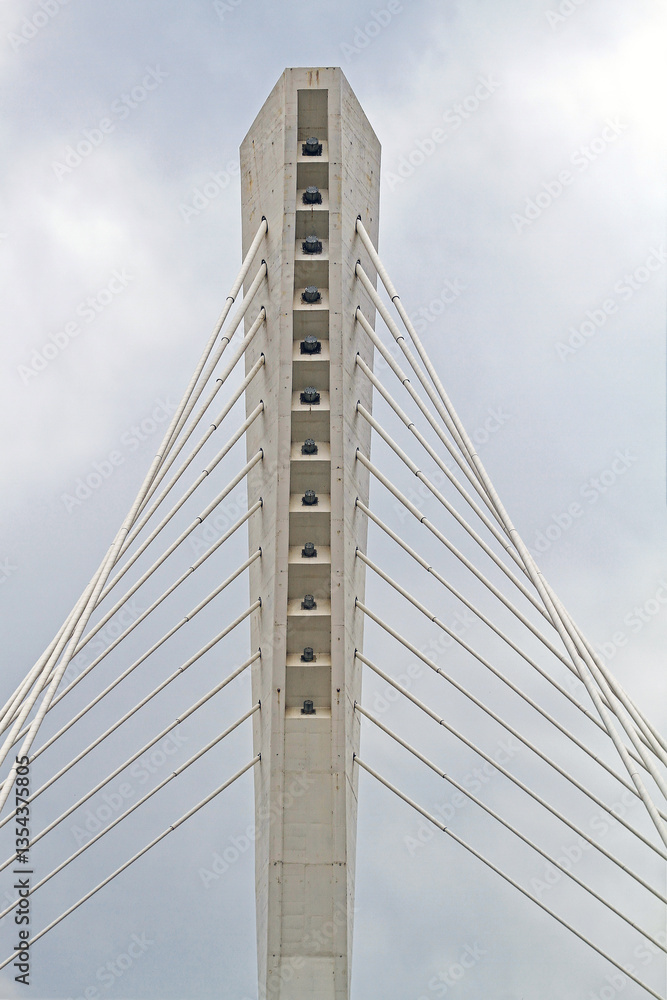 Close up Shot of White Suspension Millennium Bridge Pillar Landmark in Podgorica Montenegro
