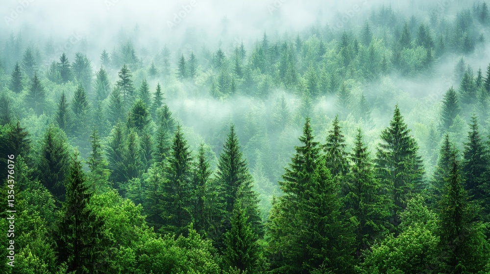 Fototapeta premium A lush, misty forest filled with evergreen trees, creating a serene and tranquil atmosphere.
