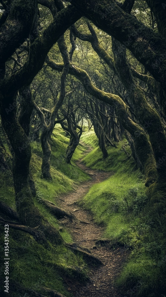 Fototapeta premium Enchanting forest path beckons with mossy trees.