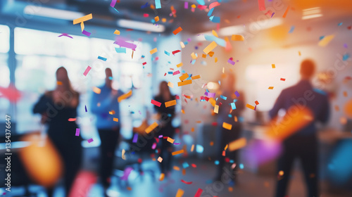 Office party celebration with flying confetti and blurred business people, festive atmosphere for corporate events and success milestones.

