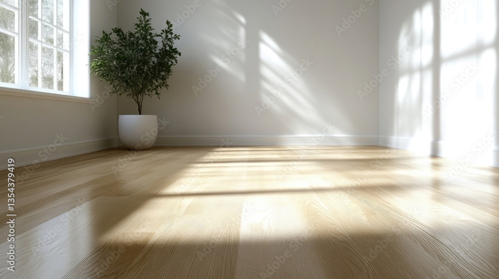 Empty room bathed in sunlight. A small potted plant sits in the corner Empty room bathed in sunlight. A small potted plant sits in the corner
