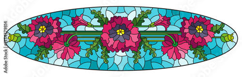 Illustration in stained glass style with a bouquet of red  poppies on a blue background, oval image