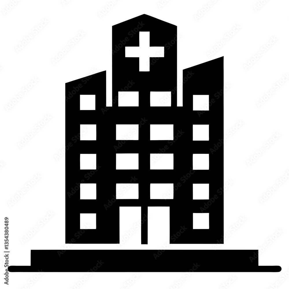 Black and white silhouette of a wooden building with windows, a tower, and a chair, in a city setting, vector illustration