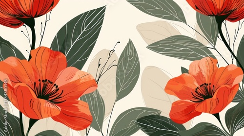 Decorative floral pattern, orange flowers and leaves on cream background