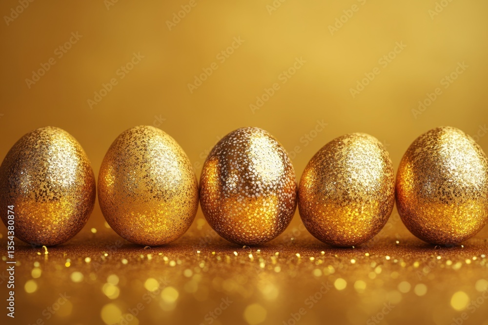 Five glittering golden eggs lined up in a festive display of wealth and celebration. Five glittering golden eggs lined up in a festive display of wealth and celebration.