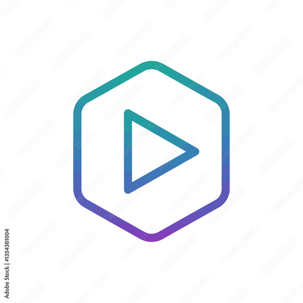 A gradient-colored play button is centered inside a hexagon outline A gradient-colored play button is centered inside a hexagon outline