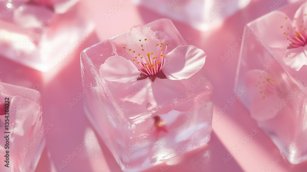 Ice cubes containing delicate cherry blossom (sakura) flowers Ice cubes containing delicate cherry blossom (sakura) flowers