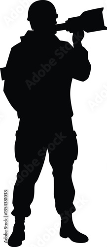 Black silhouette of american soldier with rocket launcher. USA army. Military man with grenade weapon. Isolated warrior